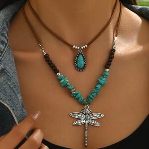 2pc Boho Style Turquoise and Silver Dragonfly & Teardrop Pendant Necklace~NIP